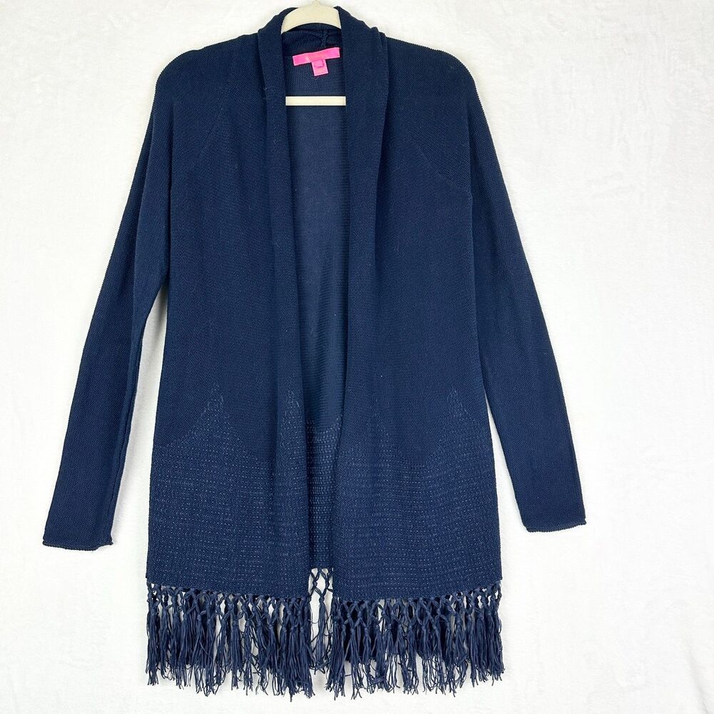 Lilly Pulitzer Tatum Long Fringe Hem Cardigan Size Small Navy Blue Open Front
